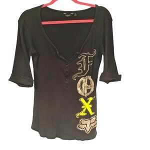 Fox Racing Womens Black Ribbed Henley Graphic 3/4 Sleeve Top Rhinestone Medium
